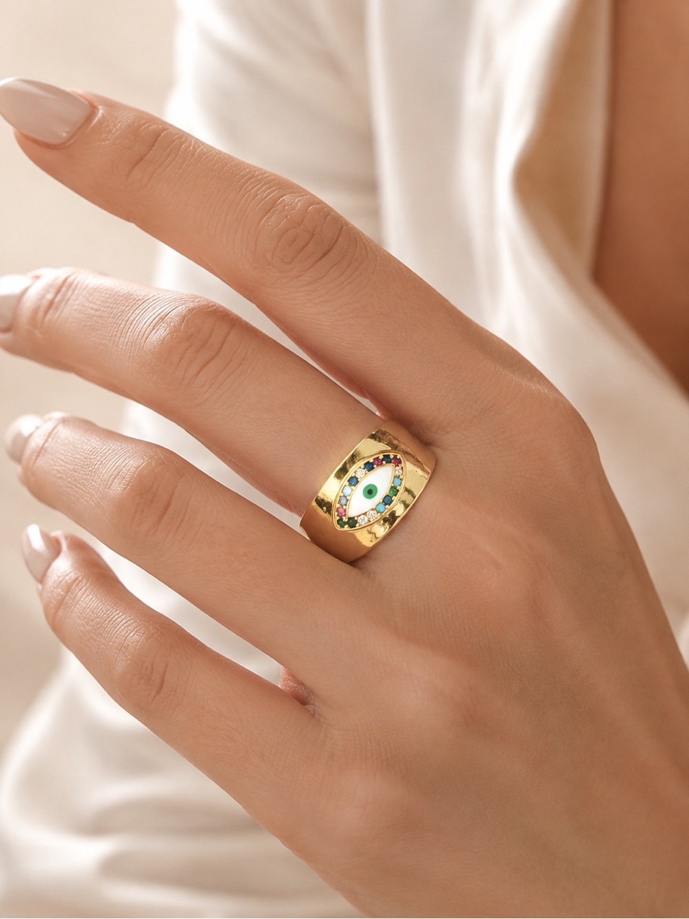 Gold Evil Eye Band Ring with Multicolor Stones